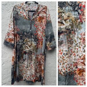 JOHNNY WAS Calme Dress Women XS Henley Shift Kaftan‎ Floral Boho Oversized